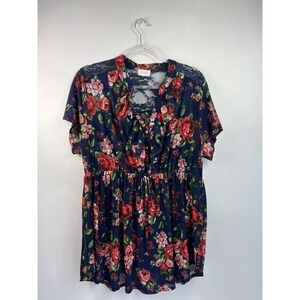 Ivy Rose Navy Blue Sheer‎ Babydoll Short Sleeve Blouse Womens Sz 3X Rose Print